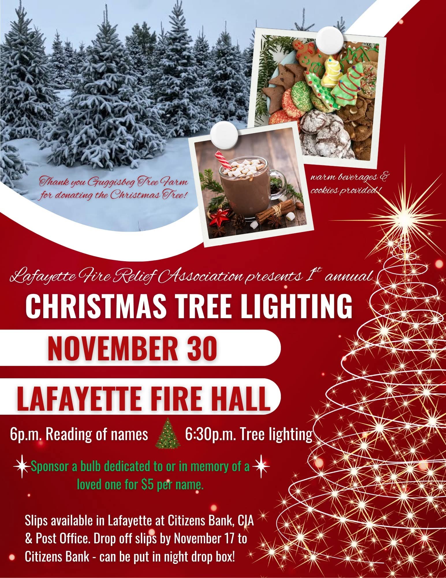 Chritmas tree image with information for the Memorial tree lighting 