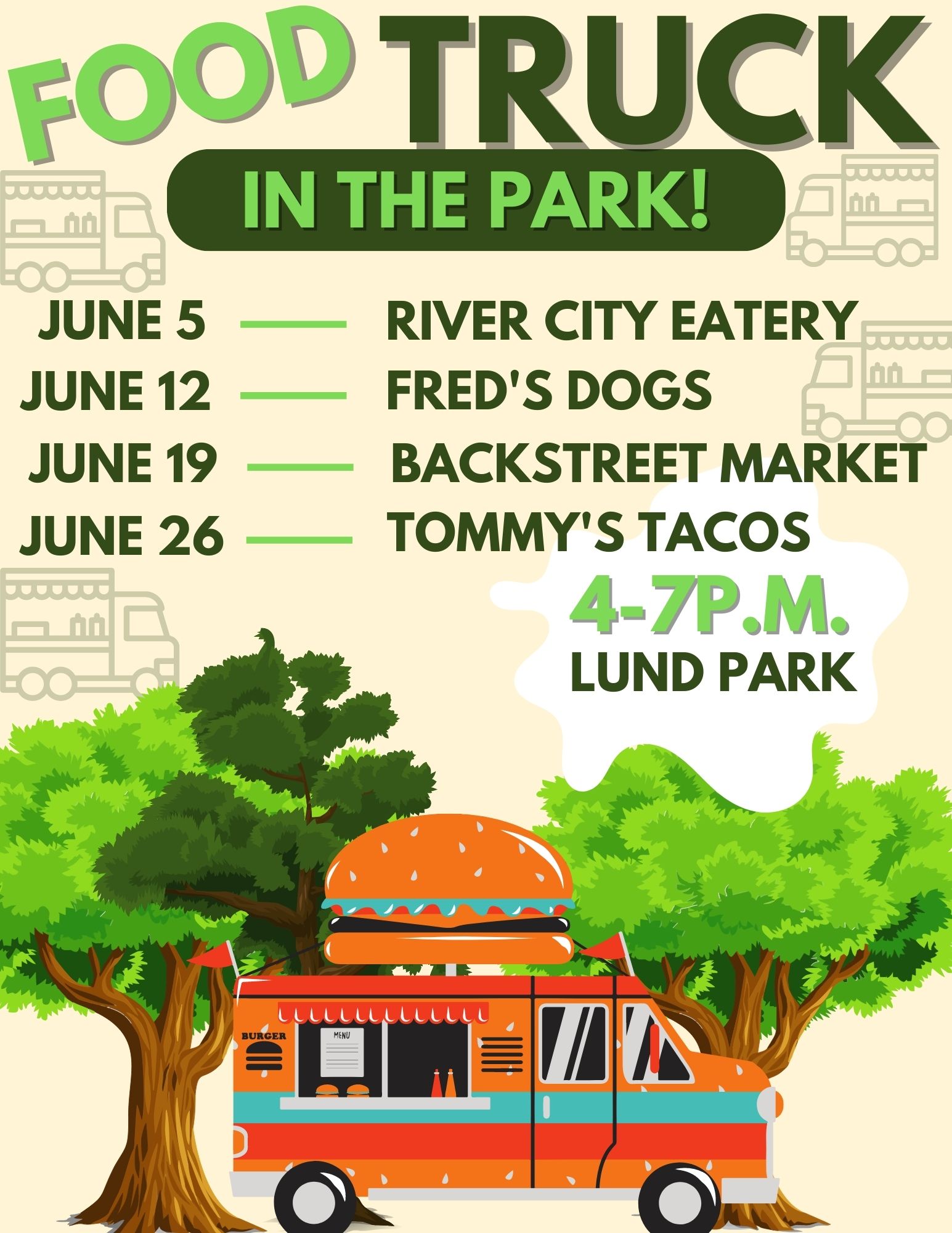 Information for Food Truck dates River City Eatery and Tommy's Tacos 